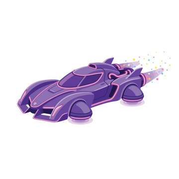 Futuristic purple hover car flies at high speed with glowing neon lights and rocket thrusters.
