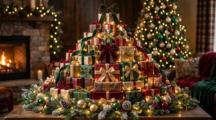 Fototapeta premium Beautifully Decorated Christmas Tree with Gift Boxes and Festive Holiday Atmosphere