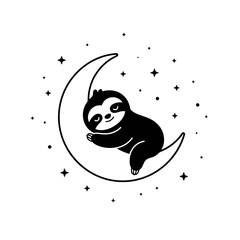 Fototapeta premium Cute cartoon sloth sleeping on a crescent moon with stars