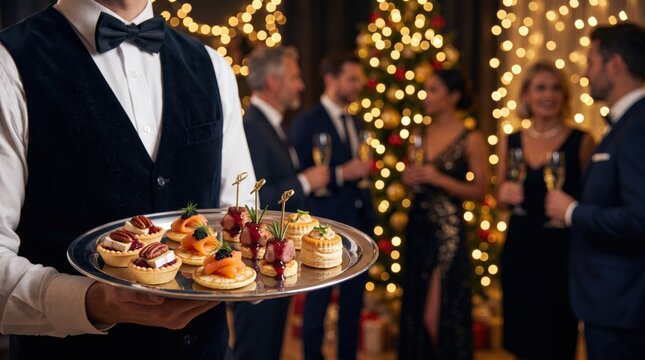 Waiter carrying a silver tray of elegant appetizers during a festive holiday reception