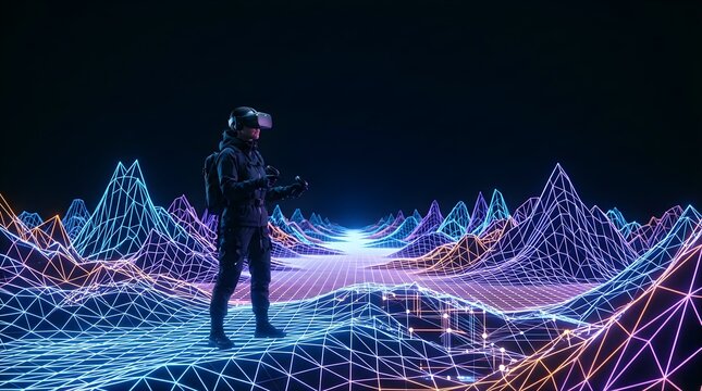 Person wearing virtual reality headset standing in digital neon landscape