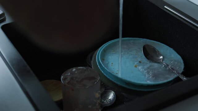 person washing dishes in a modern kitchen sink. Domestic chores, household duties, daily routine, and clean tableware concept with running water and blue plates.