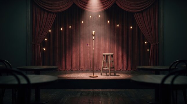 Vintage microphone and stool waiting on a red curtained comedy stage under a single spotlight