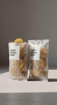 Potato chips in transparent packaging against a neutral backdrop