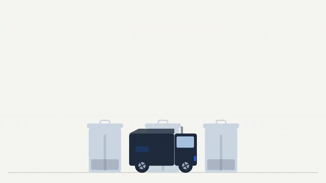 Waste management companies or environmental awareness campaigns, this minimal vector art features a black garbage truck and light gray trash bins.