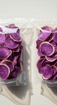 Purple sweet potato chips in clear packaging against white background