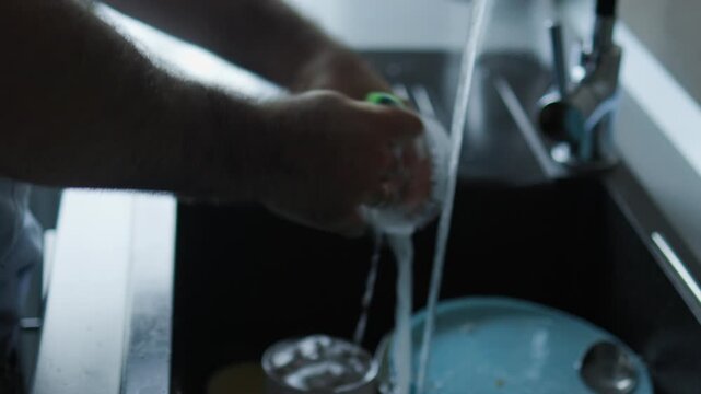person washing dishes in a modern kitchen sink. Domestic chores, household duties, daily routine, and clean tableware concept with running water and blue plates.