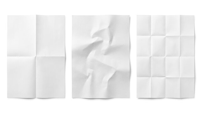 Set of three white paper sheets with different folding patterns and textures isolated on white background
