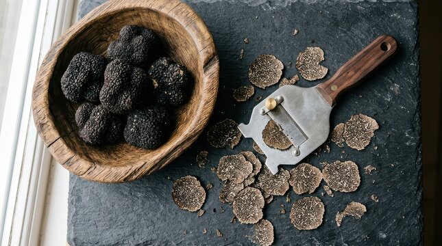 Fresh Whole Black Truffles in a Wooden Bowl and Sliced on a Slate Board with a Professional Truffle Slicer