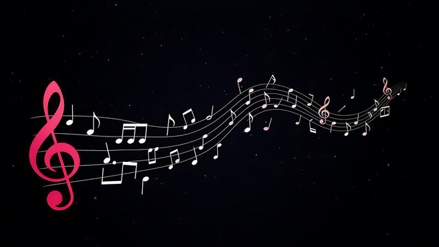 Glowing pink treble clef with wavy music notation vector banner