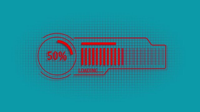 Futuristic Red HUD Loading Bar Animation with Percentage Counter, Tech Progress Bar, Data Transfer, Download Status UI Element for Science Fiction HUD Interface and Digital Grid Video Overlay