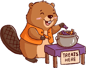 Happy cheerful halloween beaver wearing orange vest offers sweet treat candy from cauldron on table for animal friend © jenjira