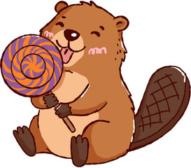 Happy beaver enjoys sweet halloween candy lollipop treat with joyful smile, cute brown wild animal holding snack © jenjira