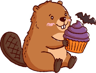Happy cute brown beaver holding purple halloween cupcake with small black bat topper for autumn festival fun © jenjira