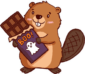 Happy brown beaver holding halloween chocolate candy bar with ghost wrapper, showing sweet holiday joy © jenjira