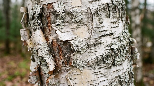 Close up view of the textured white and grey bark on a mature birch tree trunk