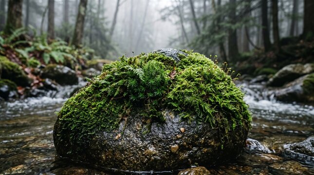 A large moss covered rock sitting in the middle of a flowing stream inside a foggy forest