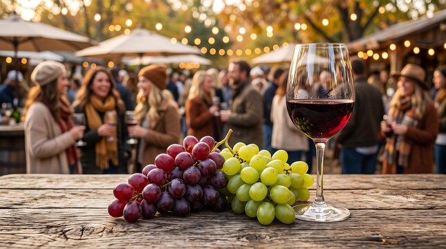 Glass of red wine alongside fresh red and green grapes resting on a rustic wooden table, with people socializing at an outdoor festival under warm string lights in the blurred background.