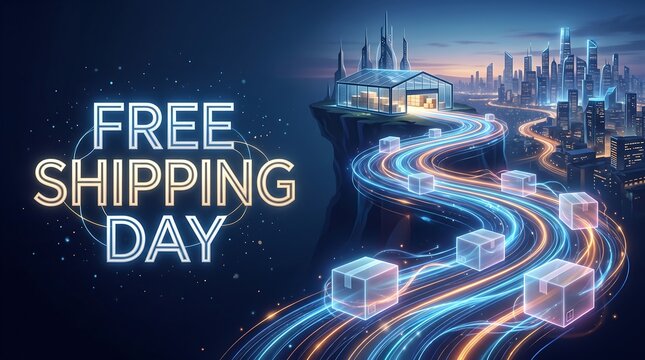 Futuristic Free Shipping Day Concept with Neon Text, Digital Logistics Data Stream, Warehouse and Smart City Background for E-commerce Promotion
