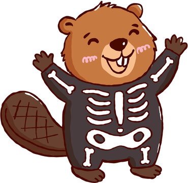 Cute happy halloween beaver animal character wearing black skeleton costume brings joyful holiday cheer with smile
