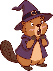 Surprised halloween beaver wearing witch hat and magic cloak costume shows shocked facial expression © jenjira