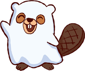 Cute halloween beaver wearing white sheet ghost costume waving hand with happy cheerful expression for autumn holiday © jenjira