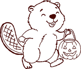 Happy halloween beaver outline carrying pumpkin bucket for trick or treat fun with cheerful holiday spirit line art © jenjira