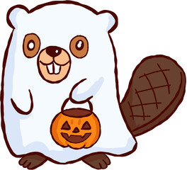 Happy halloween beaver wearing white ghost costume holds orange pumpkin bucket for trick or treat fun © jenjira