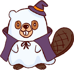Happy halloween beaver character wearing witch hat, purple cape, and white ghost costume for holiday celebration fun © jenjira
