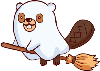 Happy halloween beaver character wearing white ghost costume flying riding wooden broom with cheerful smiling face © jenjira