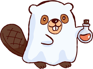 Cheerful halloween beaver wearing ghost costume holding magical potion bottle for seasonal holiday celebration © jenjira