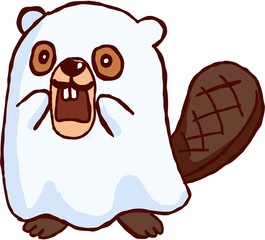 Cute beaver halloween ghost costume scared screaming character wearing white sheet with open mouth fun face © jenjira
