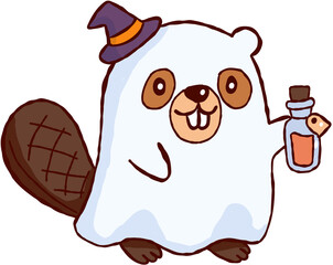 Happy halloween beaver wearing white ghost costume and pointed witch hat holding small magic potion bottle for fun © jenjira