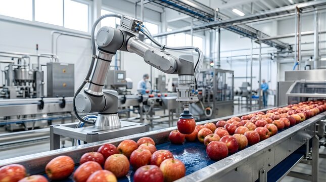 Automated robotic arm sorting fresh red apples on industrial conveyor belt inside modern food processing facility