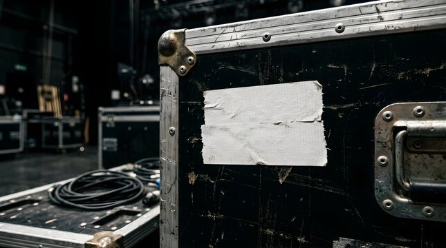 Black utility road case with blank white tape label in backstage area