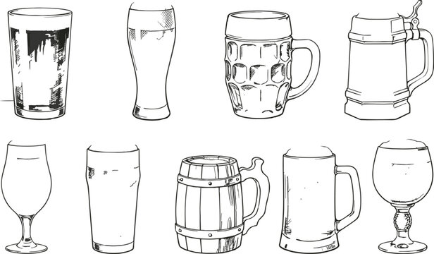 Assorted beer glassware icons collection including pint glasses mugs and tankards for pub bar menu vector graphics