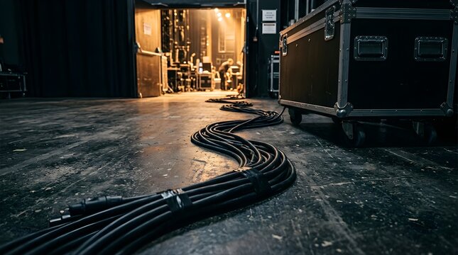 Black power cables snake across a dark stage floor towards a doorway