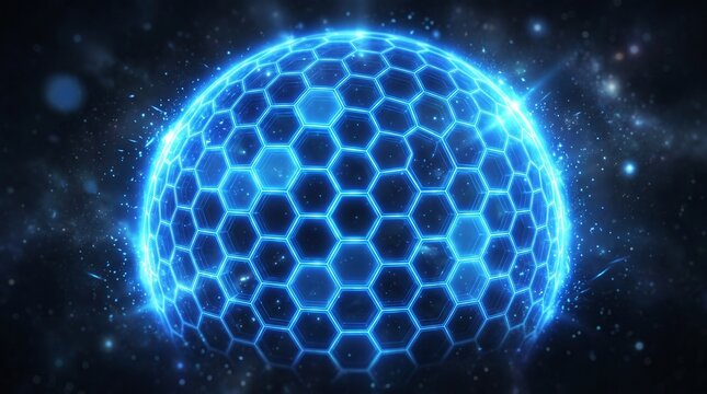 Glowing blue digital sphere with a hexagonal grid pattern isolated on a dark abstract background design