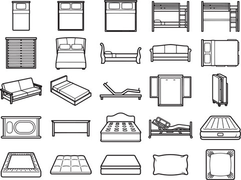 A collection of iconographic representations of beds and mattresses, showcasing a variety of sleeping furniture and accessories in a clean, vector style.