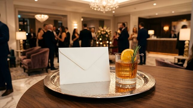 Blank white invitation envelope and cocktail glass on a silver tray