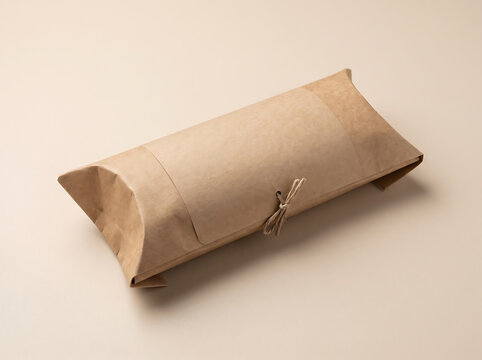 Rectangular craft paper parcel wrapped with twine on a neutral beige background transparent background