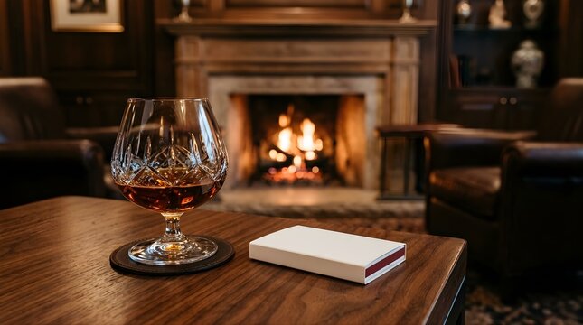 Crystal glass with amber liquid on wooden table by a cozy fireplace