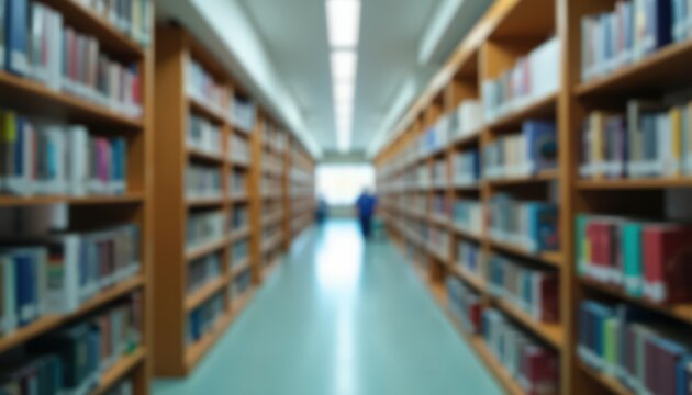 Blurred library aisle featuring tall wooden bookshelves filled with various books. The long corridor creates a sense of depth leading toward a bright window at the end of the hallway.