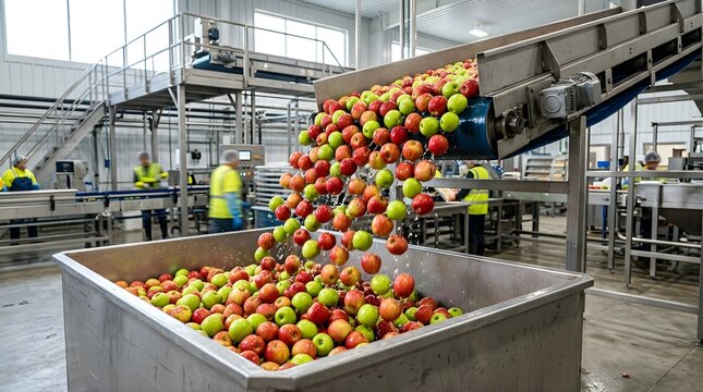 Fresh apples falling from industrial conveyor belt into metal container