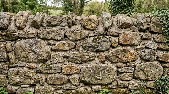 An old rustic stone wall built with weathered rocks and covered in patches of green lichen