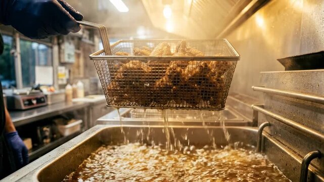 Close Up View of Golden Fried Chicken Wings Being Lifted from Hot Oil in a Restaurant Kitchen