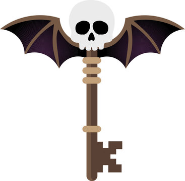 Skull key with bat wings and dark skeleton design for Halloween and fantasy themes