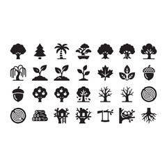 Fototapeta premium Tree icons in minimalist flat design with black and white contrast for nature and growth graphics.