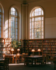 Obraz premium Quiet library interior with tall arched windows and warm natural light