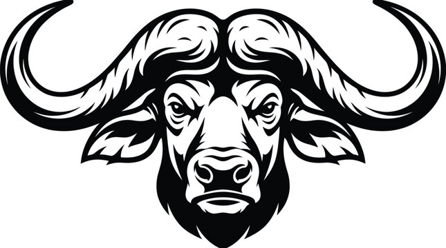 Majestic buffalo head illustration featuring bold black and white lines showing powerful horns for sports team logo graphic design projects
